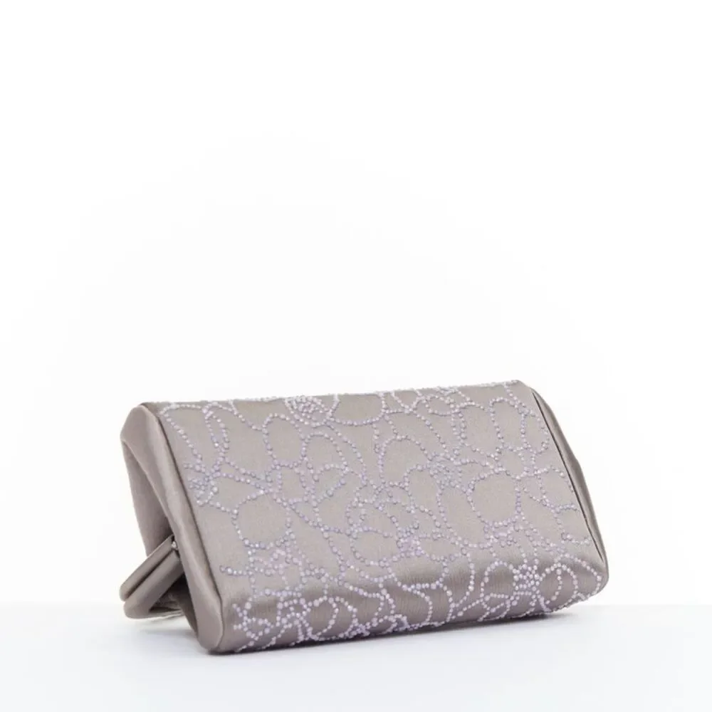 CHANEL 2000 pink pearl beaded grey satin crystal CC kiss lock frame clutch bag